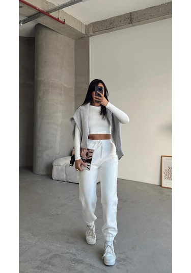 3 İplik Şardonlu Paça Lastikli Eşofman Beyaz İs001 Beyaz