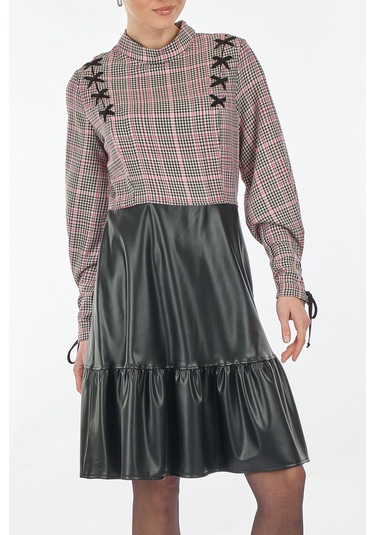 Unique Mode Yarım Balıkçı Kareli Uzun Kollu Siyah Kadın Elbise Uw 001