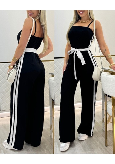 Ahes Shopping Kadın Ip Askılı Straplez Belden Kuşaklı Viskon Iki Iplik Tulum Siyah