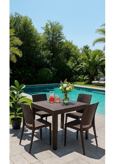 Rattan 80x80 Camsız Kahve Masa / 4 Adet Rattan Kolsuz Sandalye Takımı Kahve