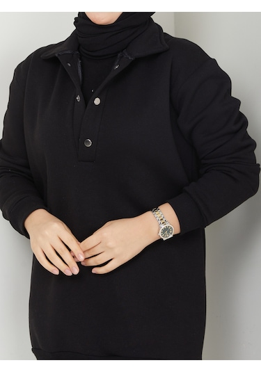 Raika Moda Kapşonlu 3 İplik Büyük Beden Tesettür Sweatshirt Siyah
