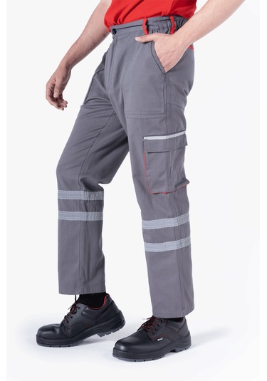 Körüklü Çift Komando Cepli Pantolon Gri - Kırmızı