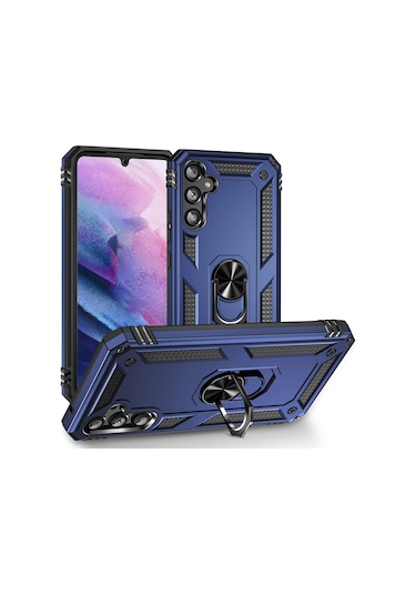 Kilifone - Samsung Uyumlu Galaxy A34 - Kılıf Yüzüklü Çift Katman Zırh Tank Vega Kapak - Mavi