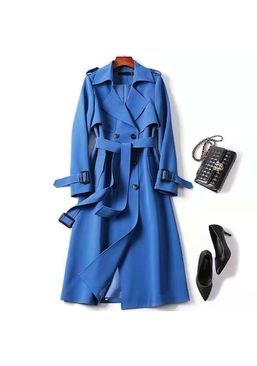 Uzun Moda İngiliz Tarzı Şık Tesettüre Uygun Dış Giyim Kadın Ceket Mavi