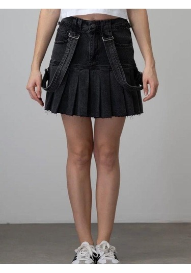 Kız Çocuk Askılı Pileli Tasarım Denim Etek-15535 Siyah
