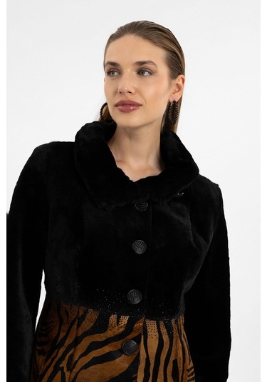 Jade Siyah Ve Leopar Desenli Kadın Hakiki Deri Kaban-siyah Siyah