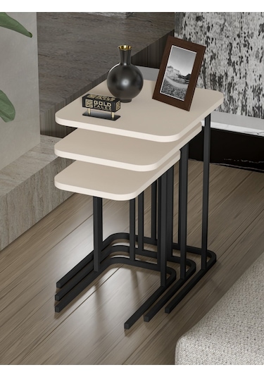 Zigon Sehpa Metal Ayak 3'lü Koltuk Yan Sehpa Zino Krem Bej