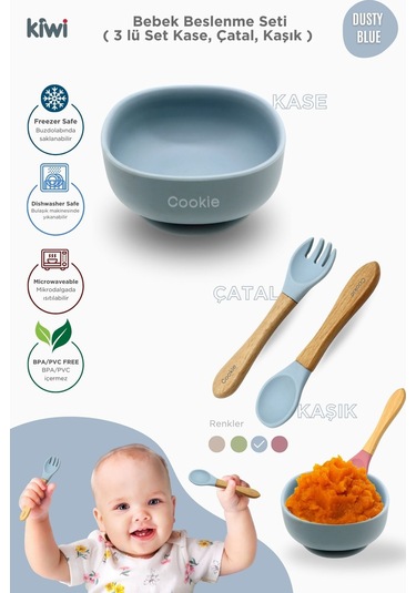 Kiwi 3 Parça Kase Çatal Kaşık Beslenme Seti - Doğal Silikon Bpa İçermez- Dusty Blue