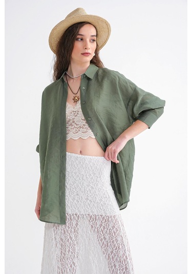 4667 Kadın İnce Oversize Modal Gömlek Haki Haki
