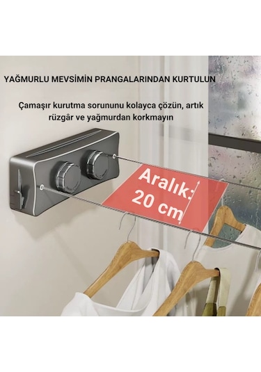 Polham 5.1 Metre Uzayabilir Çift Halatlı Çelik Dayanıklı Çek-bırak Çamaşır İpi, 40 Kg Taşıma Kapasiteli Gri