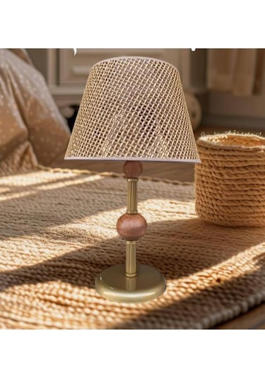 Çift Ahşaplı Abajur Eskitme Rattan Kahverengi Şapkalı Kahverengi