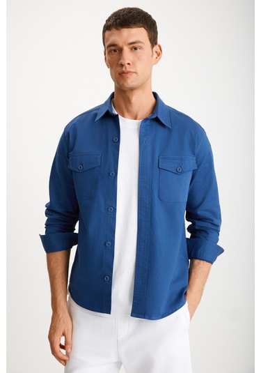 GRIMELANGE Nader Erkek Kalın Dokuma Kanvas Kumaşlı Gömlek Tipi Mavi Ceket Mavi