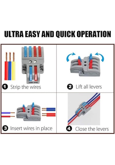 Koodmax 5 Adet 2 Giriş 4 Çıkış Kolay Hızlı Kablo Ekleme Birleştirme Konnektörü - Aç Kapa Kilitli