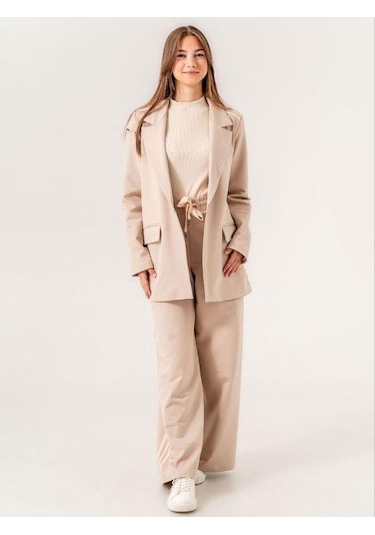 Kız Çocuk Pamuklu Astarlı Pantolon Ceket Tasarım Takım-14221 Bej