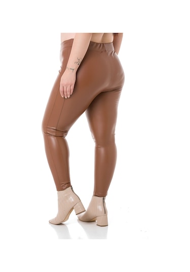 Disentis Büyük Beden Beli Lastikli Bilek Hizasında Panelli Deri Tayt Kahverengi