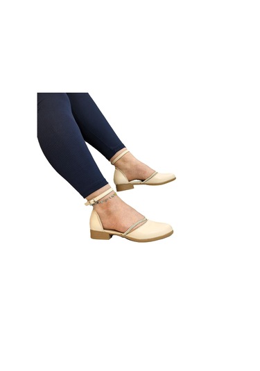 Fiyra 4050 Bej Taşlı Bilek Bağlı Karnıyarık Bayan Babet Sandalet Bej