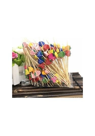 Fortunelane 100 Adet Bambu Meyve Çataları - Çilek Desenli, Kreatif Takviye, Güvenli Ve Estetik, Diğer Diğer