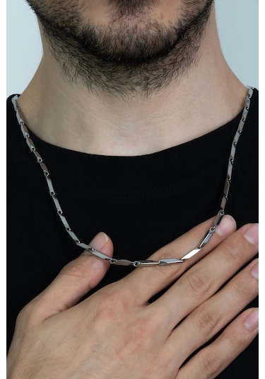 Erkek Çelik Kolye Küp Üçgen Model Zincir Eck05 Gümüş