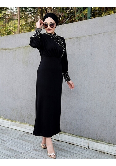 İnci Detaylı Özel Gün Elbisesi Siyah