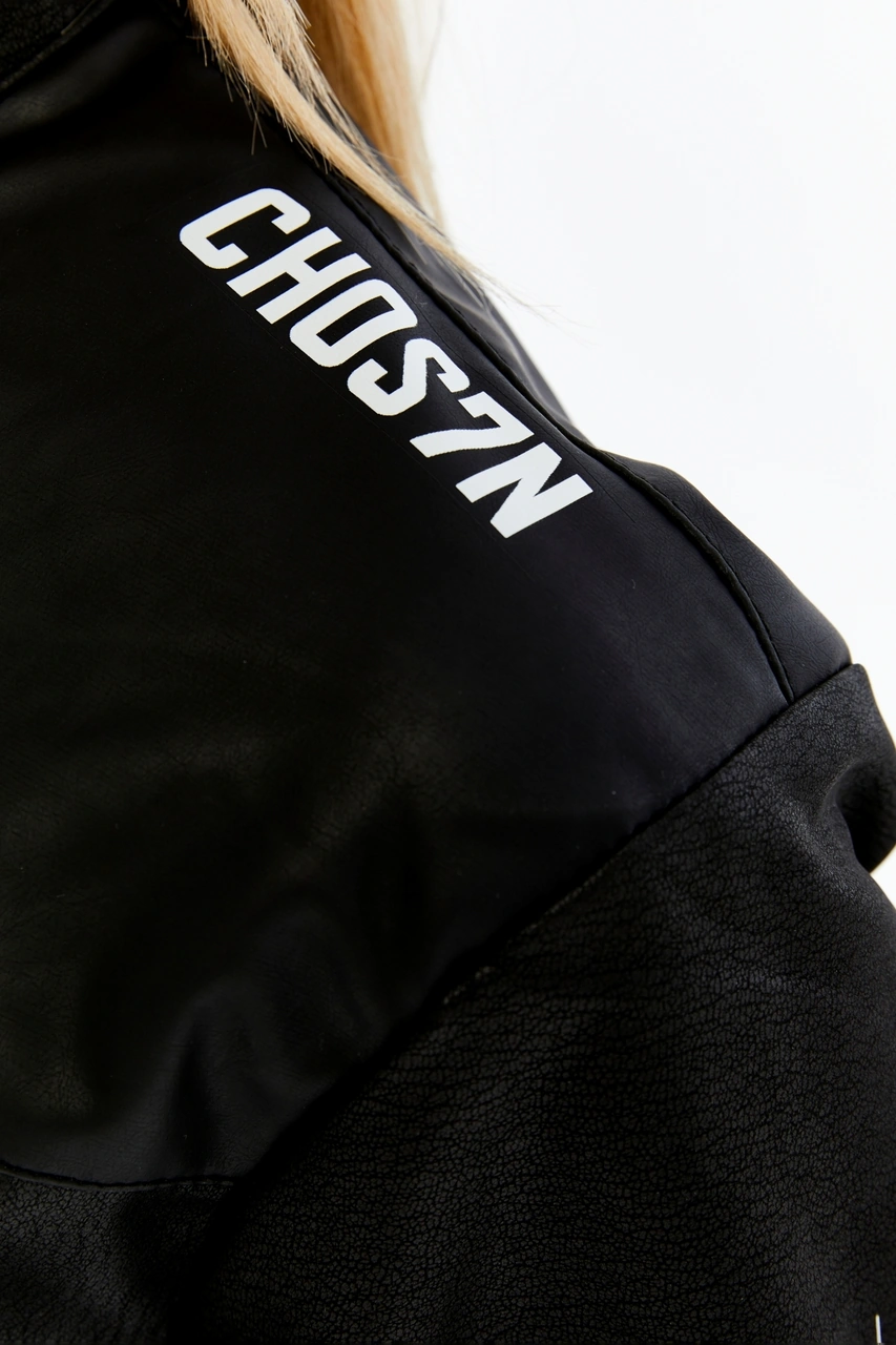 Kadın Crop Deri Ceket Renkli Baskılı Motorcu Stil Mont - Kısa Ceket Çok Renkli Mont - Hakim Yaka Siyah