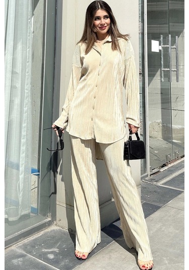 Kadın Sarı Uzun Tunik Gömlek & Beli Lastikli, Bol Paça Pantolon - Salaş Bürümcük Takım Sarı