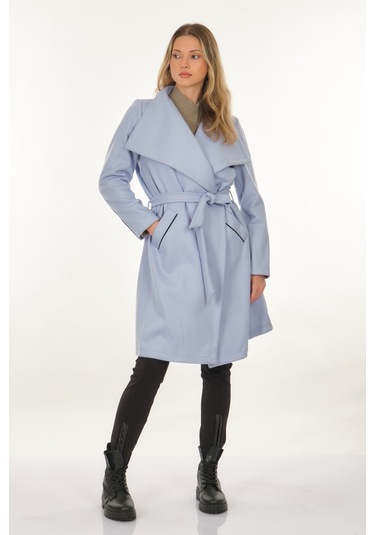 Tdee Concept Kruvaze Yaka Bağlama Detaylı Mavi Kadın Kaban 22295004 001