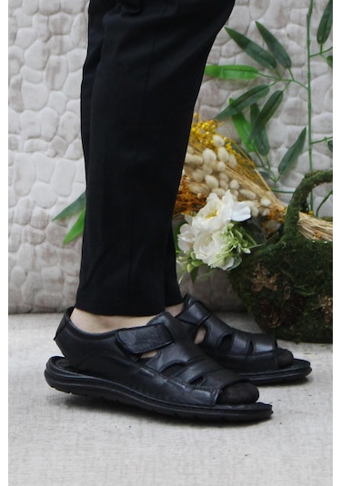 Mehmet Mete 106 Siyah Kale Comfort Hakiki Deri Erkek Sandalet Siyah