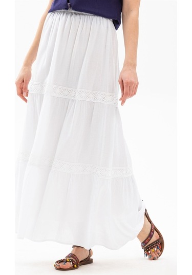 Uzun Şile Bezi Dantelli Etek Beyaz Byz