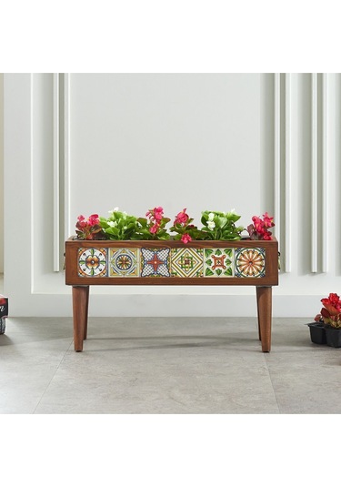 Halohope El Yapımı Ayaklı 6 Çinili Dekoratif Modern Ahşap Dikdörtgen Bahçe Balkon Saksı Saksılık Çiçeklik