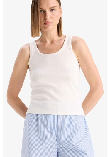 Defacto Regular Fit Yuvarlak Yaka Kolsuz Ribana Pijama Üstü-fall İn Love F0110ax25smer98 Ekru