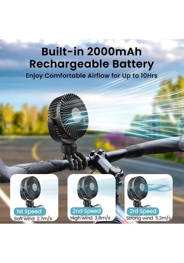 Boatshop1 Gaiatop Mini Taşınabilir Şarj Edilebilir Ahtapot Fan Siyah 3 Ayarlı 360 Dönebilir El Tipi