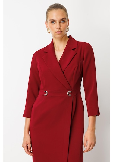 Moda İlgi Kadın Beli Aksesuarlı Cepli Kruvaze Elbise 6626 Bordo Bordo