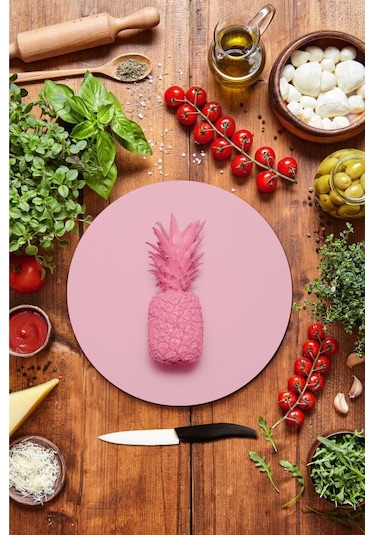 Pembe Ananas Desenli Cam Kesme Tahtası - Cam Kesme Tablası - Sunu