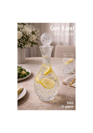 El Yapımı Cam, Kafes Model Kapaklı Sürahi - 1lt. Cam Sürahi