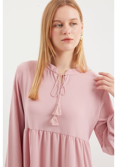 Bigdart 1627 Yaka Bağcıklı Tesettür Elbise - A. Pembe 001