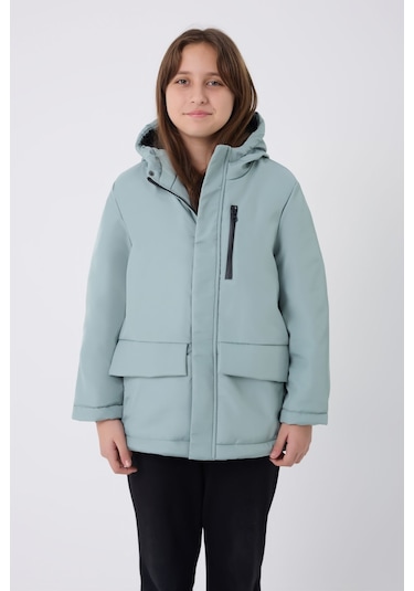 Kız Çocuk Mint Yeşili İçi Kürklü Su Ve Rüzgar Geçirmez Kapüşonlu 3 Cep Kışlık Mont & Kaban & Parka Mint Yeşili