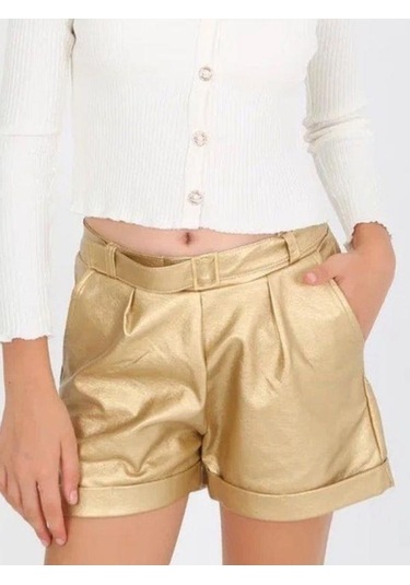 Kız Çocuk Kemerli Duble Paça Gold Deri Şort-14825 Altın