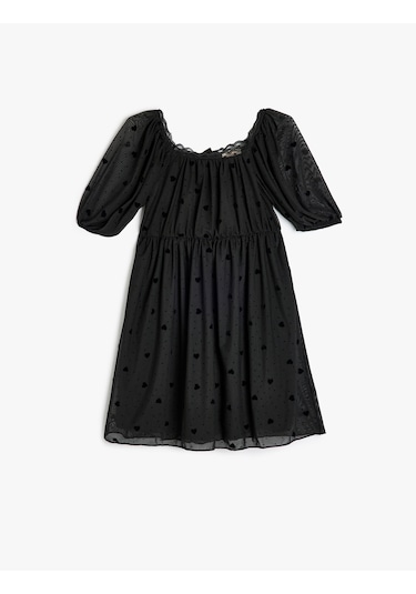 Koton Tül Detaylı Yuvarlak Yaka Kısa Kollu Elbise Siyah 5wkg80087ak Siyah