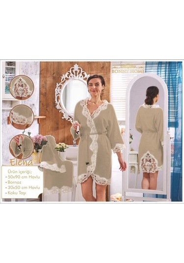 Elena Kapuçino Bayan Fransız Dantelli Balayı Çeyizlik Bornoz Seti Krem