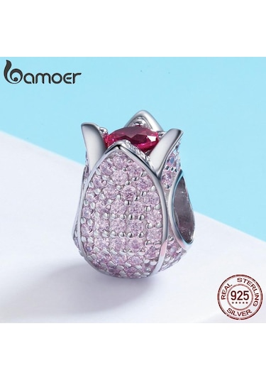 Bamoer Romantik 925 Ayar Gümüş Lale Çiçek Yaprakları Pembe Cz Boncuk Fit Kadın Bilezik Ve Kolye Gümüş - Pembe Altın
