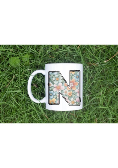 N Harfli Pastel Çiçek Desenli Kahve Kupası - Kişiye Özel Çiçekler Koleksiyonu Bardak - Hediye Beyaz