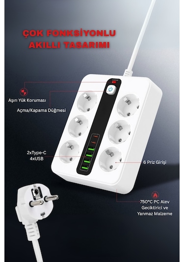 Pro P11 6x Priz 3000w Termal Akım Korumalı 4x Usb 2x Type-c Girişli Çoklu Priz 0.2 M