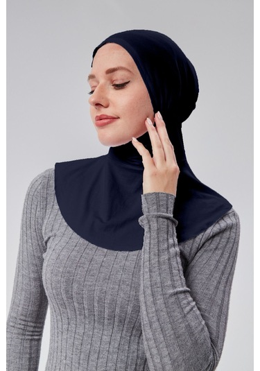 Kadın Pratik Tesettür Sporcu Boyunluklu Hijab Geçmeli Bone Penye Kumaş Lacivert