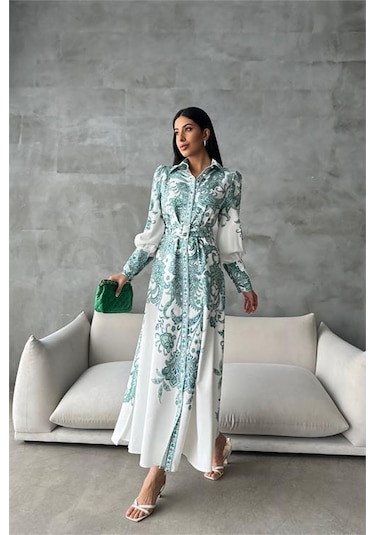 Dipmoda Kadın Kemerli Uzun Desenli Gömlek Elbise Dpms4220 Yeşil
