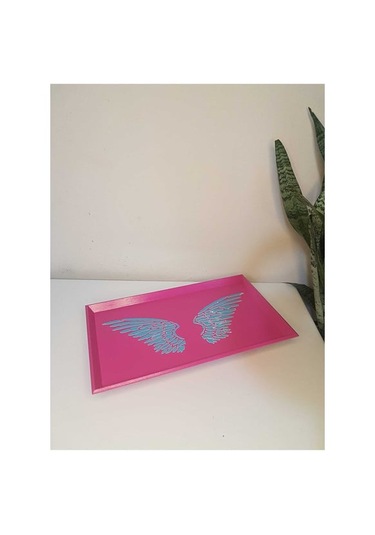 El Boyaması Melek Kanadı Desenli Ahşap Tepsi Koyu Pembe