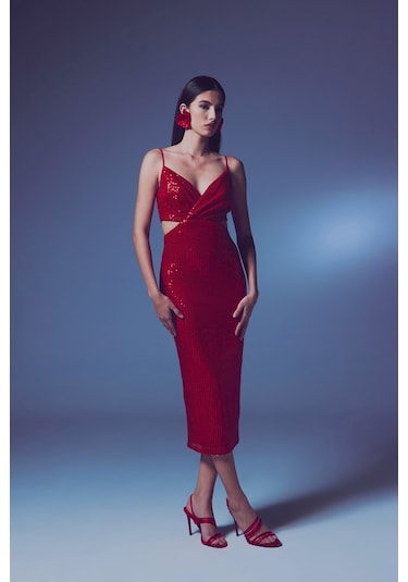 Dekolteli Payet Elbise - Kırmızı-135646 Kırmızı