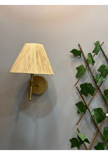 Rafya Saçaksız Bohem Hasır El Yapımı E27 Ampül Kablolu Aplik - Alt Eskitme Gold Natural