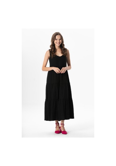 Kolsuz Artemis Oval Yaka Yıldız Baskılı Midi Boy Müslin Yazlık Elbise Siyah Syh Siyah