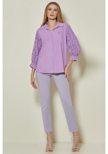 Gömlek Yaka Lila Poplin Gömlek Lila