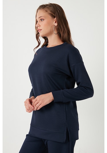 Lela Streç Oversize Fit Bisiklet Yaka Modal Kumaş Bayan Sweat 5865877 Lacivert